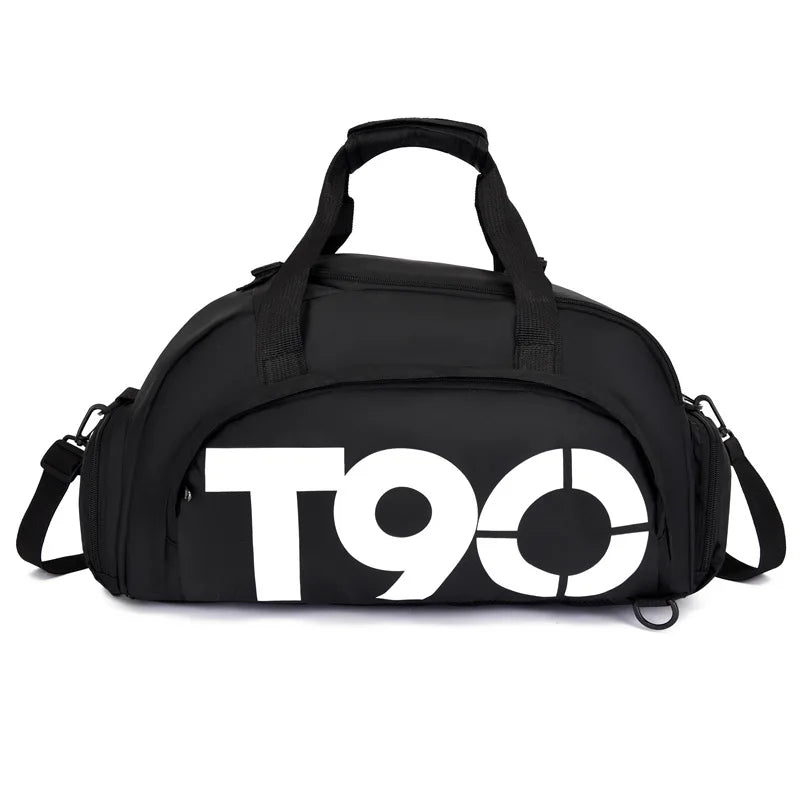 Black duffel bag with 'T90' logo on a white background