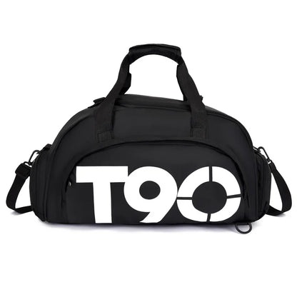 Black duffel bag with 'T90' logo on a white background