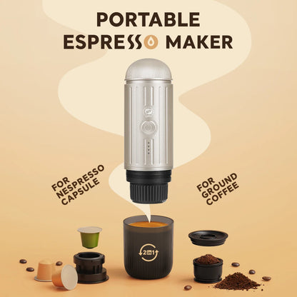 Portable espresso maker with Nespresso capsule and ground coffee options on a beige background