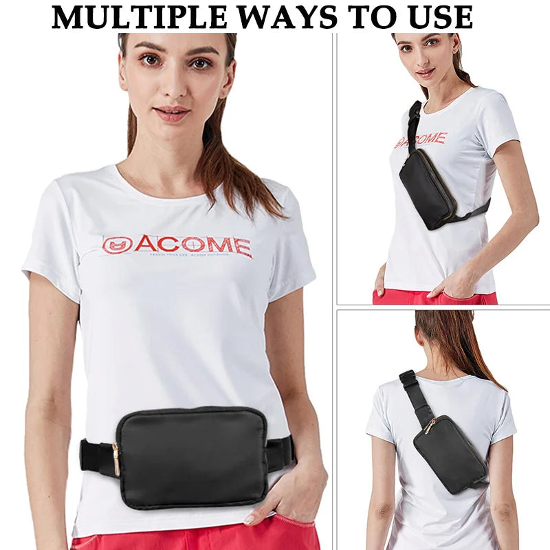 Woman wearing a white t-shirt with 'ACOME' branding, using a black waist bag and crossbody bag.
