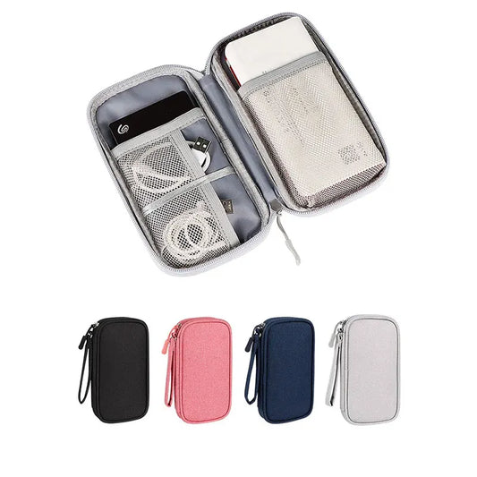 Travel case with compartments for electronic devices on a white background