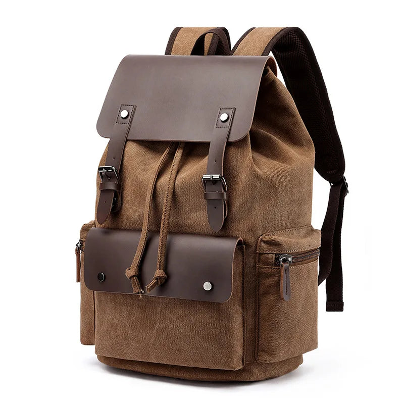 Brown backpack with leather accents on a white background