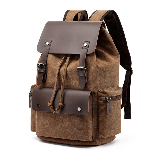 Brown backpack with leather accents on a white background
