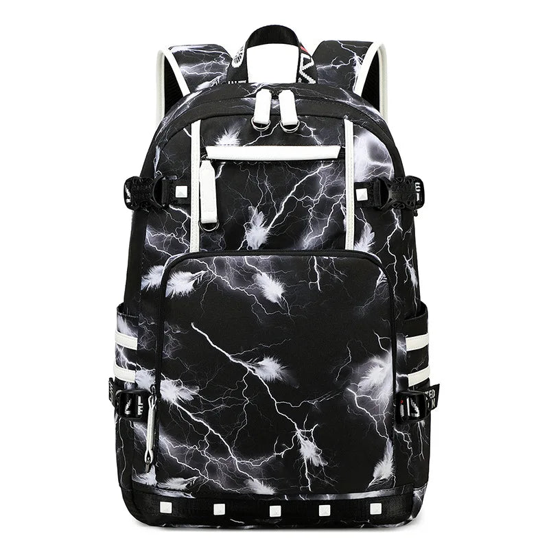 Black backpack with white lightning pattern on a white background