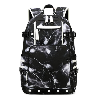 Black backpack with white lightning pattern on a white background