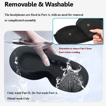 Black eye mask with text on how to remove and wash parts, shown with water splashes.