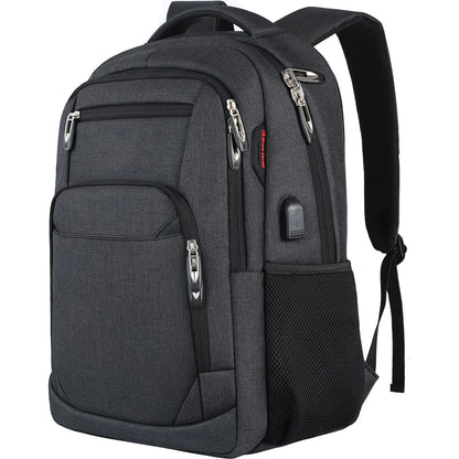 Gray backpack with multiple pockets and zippers on a white background