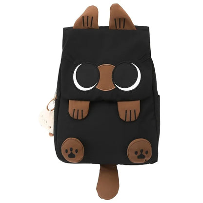 Black backpack with brown animal face design on a white background