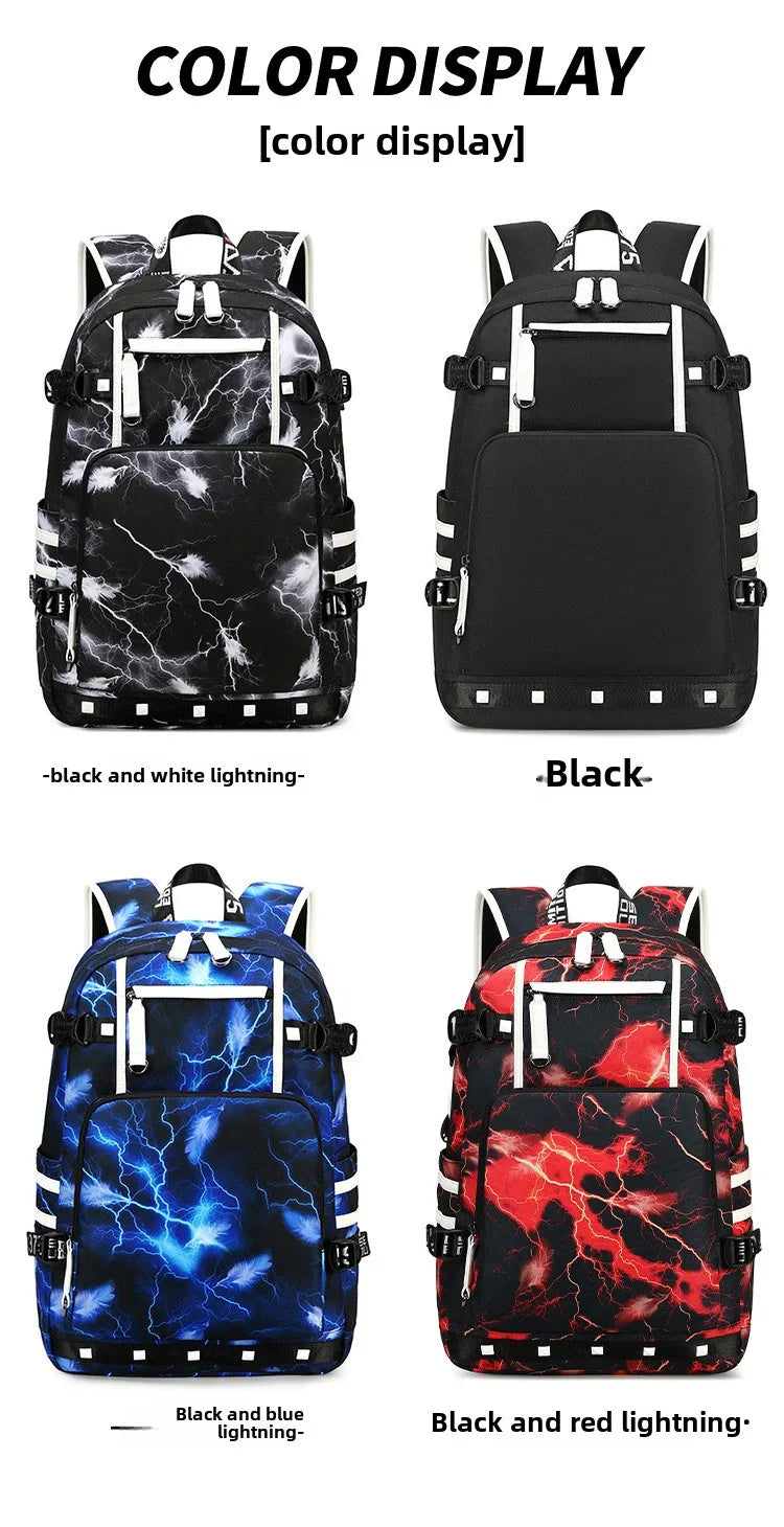 Four backpacks with different color displays: black and white lightning, black, blue and red lightning.