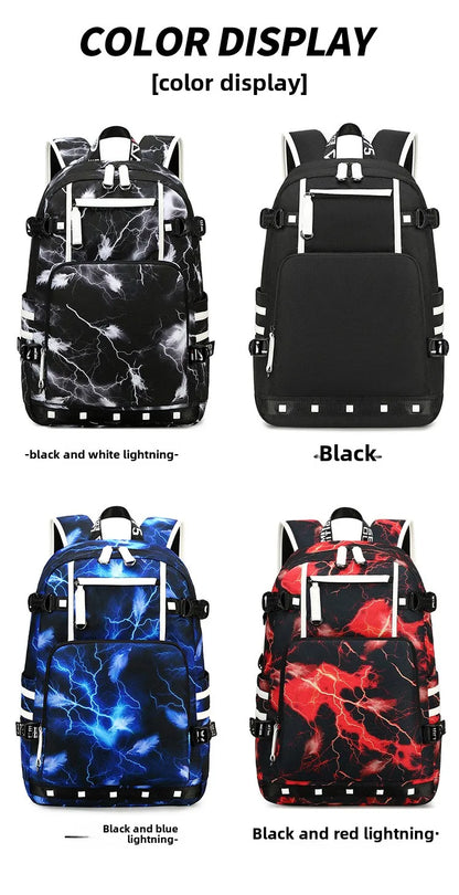 Four backpacks with different color displays: black and white lightning, black, blue and red lightning.