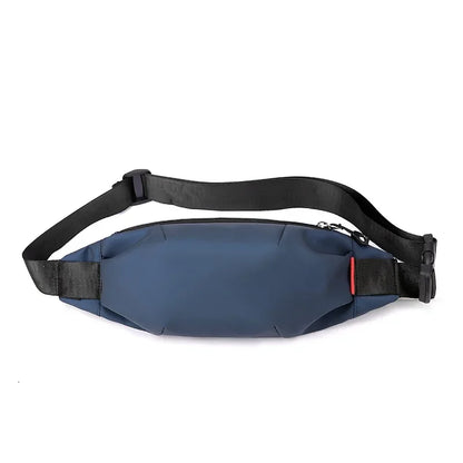Blue waist bag with black strap on a white background