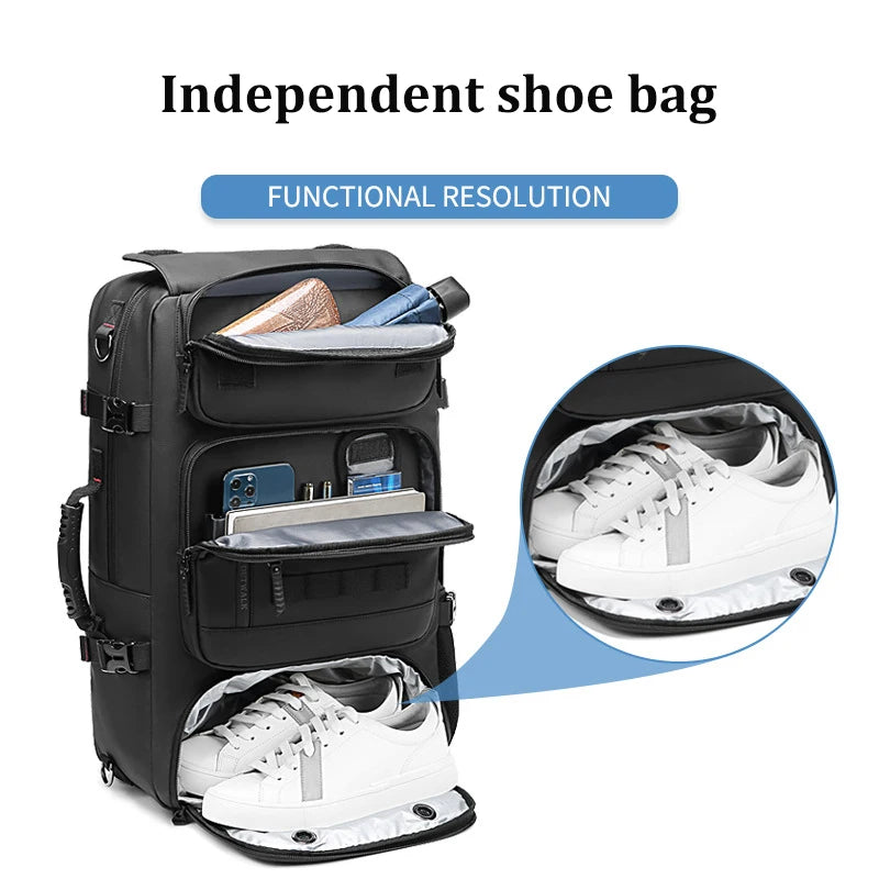 Black backpack with an independent shoe bag feature, showing a white sneaker inside.