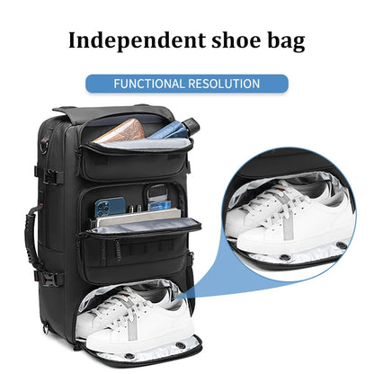 Black backpack with an independent shoe bag feature, showing a white sneaker inside.
