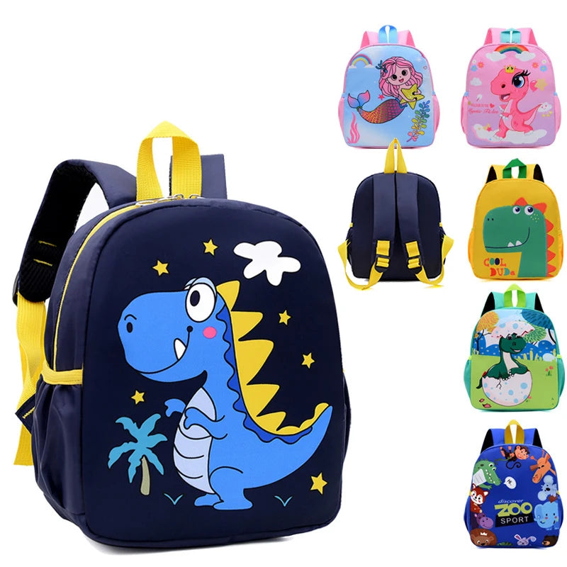 Collection of children's backpacks with various designs on a white background