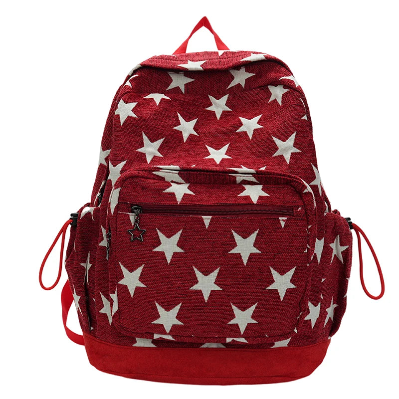 Red backpack with white star pattern on a white background
