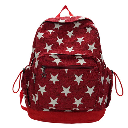 Red backpack with white star pattern on a white background