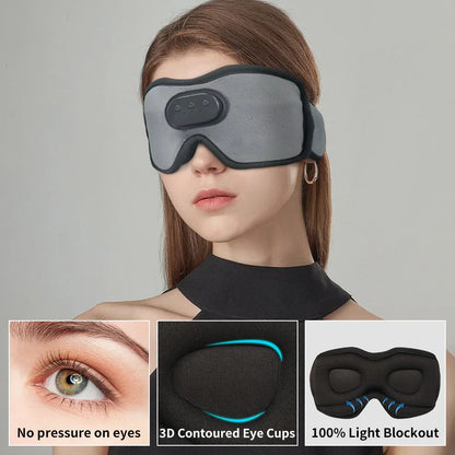 Woman wearing a gray sleep mask with insets showing its features on a gray background
