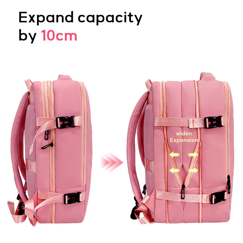 Pink backpack with expandable feature on a white background