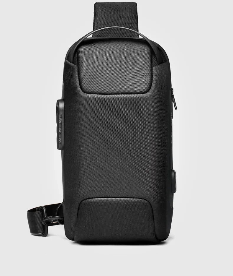 Black sling bag on a light gray background