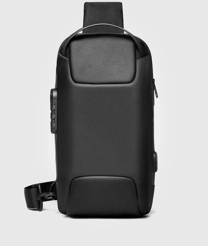 Black sling bag on a light gray background
