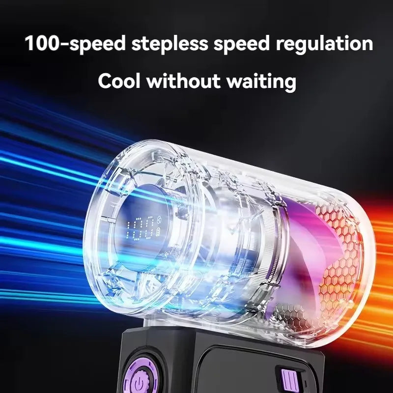 Clear cylindrical device with colorful lighting effects on a dark background, featuring text about speed regulation.