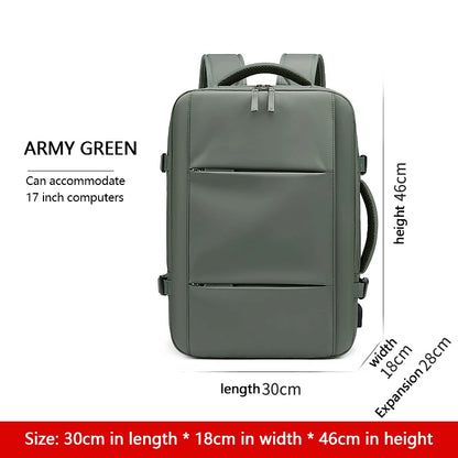 Army green backpack with dimensions and computer accommodation details on a white background