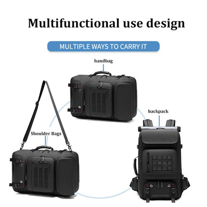 Black multifunctional bag shown in various carrying modes with text indicating multiple ways to carry it.