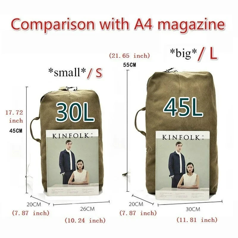 Two bags labeled 'small' and 'big' with dimensions and capacity comparison to an A4 magazine.