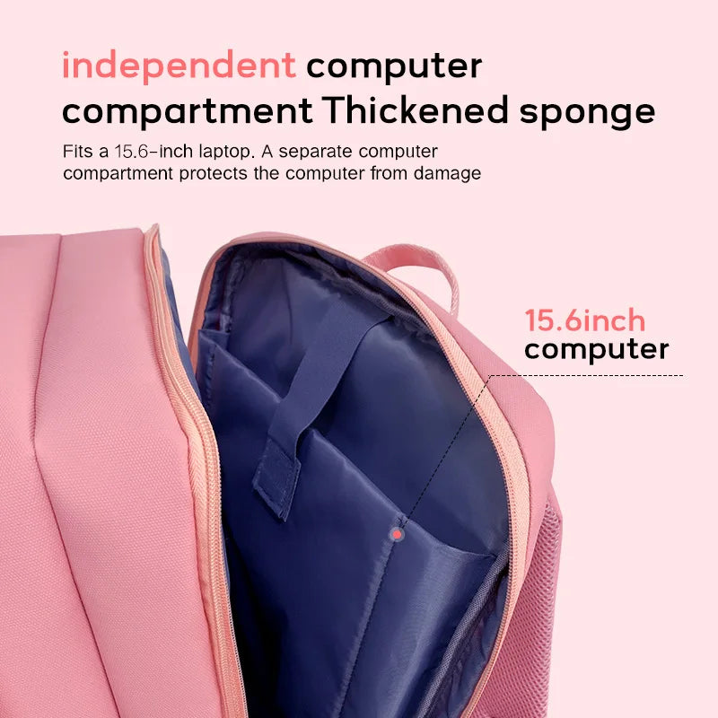 Pink backpack with a laptop compartment labeled for a 15.6-inch computer.