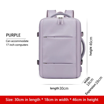 Purple backpack with dimensions and computer accommodation details on a white background