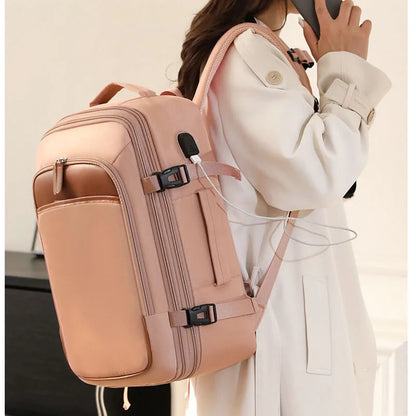 Person wearing a beige backpack with a white coat