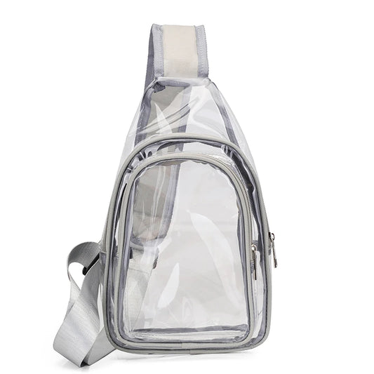 Clear sling bag with white strap on a white background