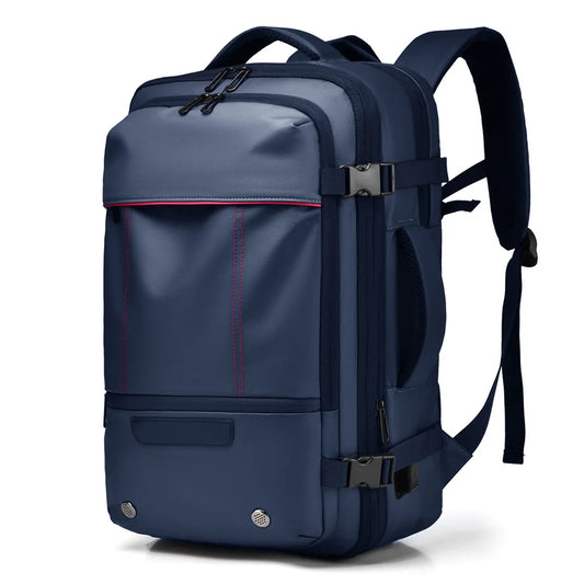 Blue backpack with black straps on a white background