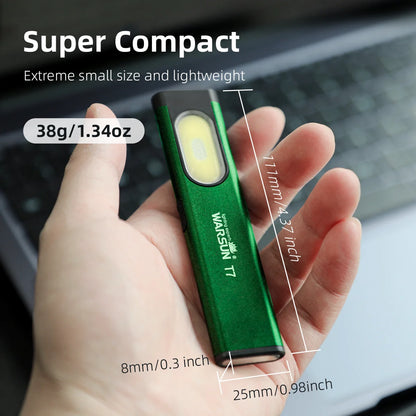 Green flashlight held in a hand with measurements and text indicating its compact size and weight.