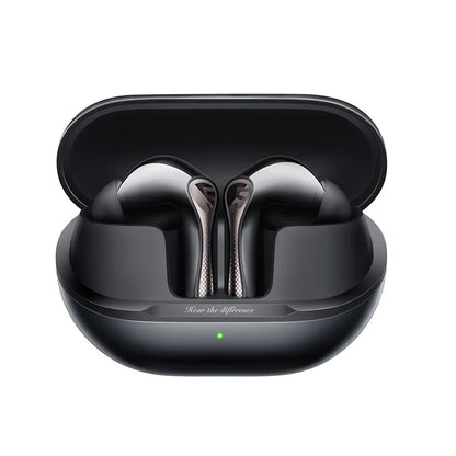 Black wireless earbuds in a charging case on a white background