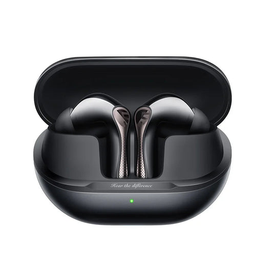 Black wireless earbuds in a charging case on a white background