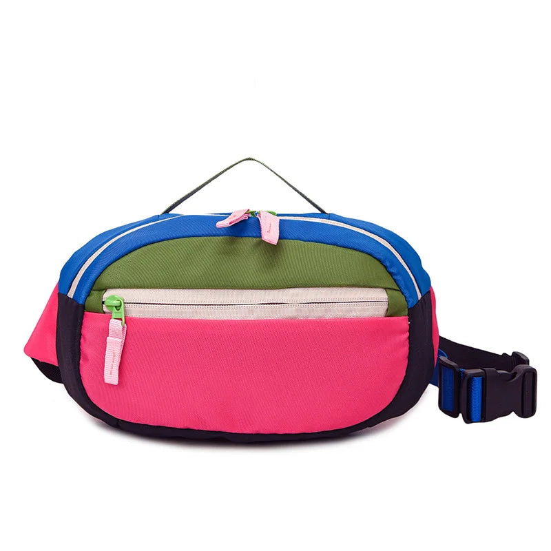 Multicolored waist bag with pink, green, blue, and black sections on a white background