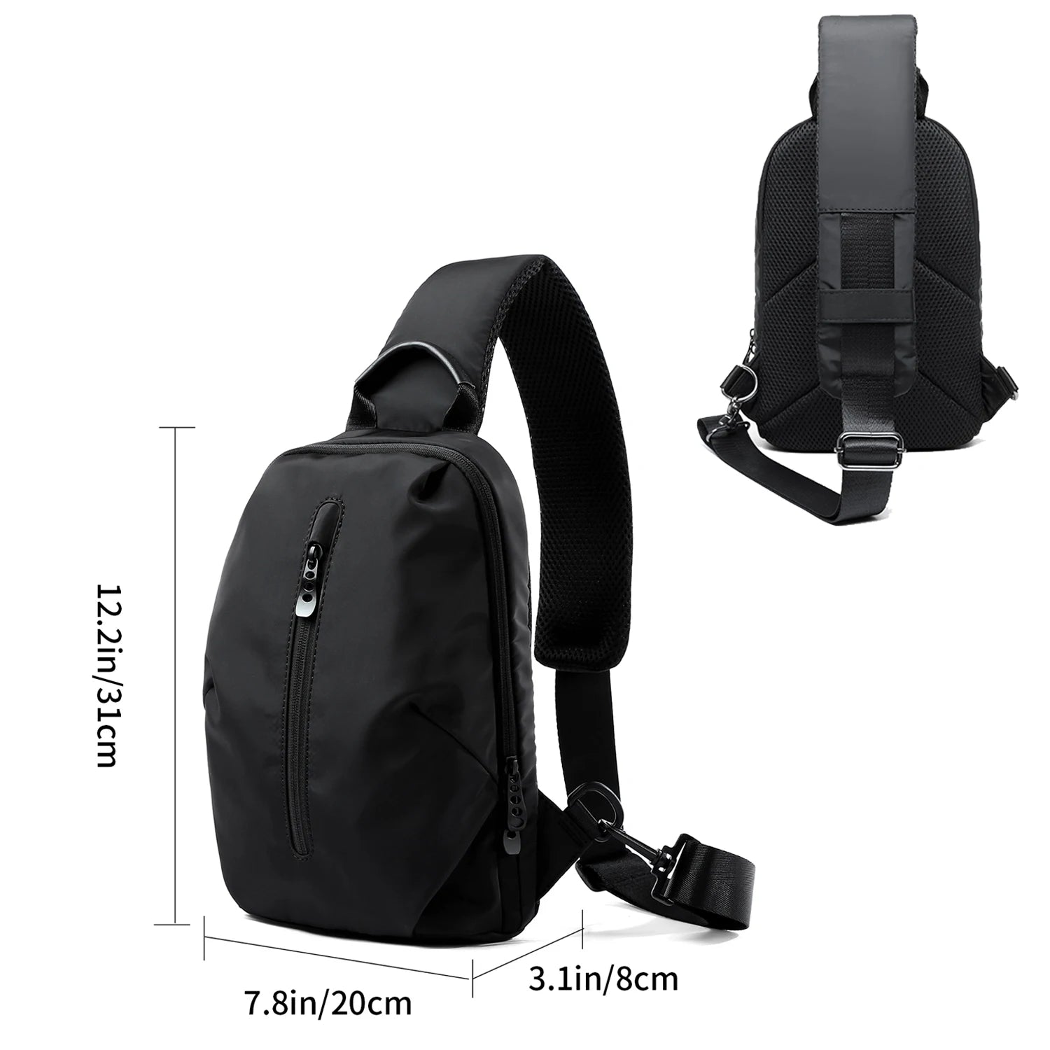 Black sling bag with measurements on a white background