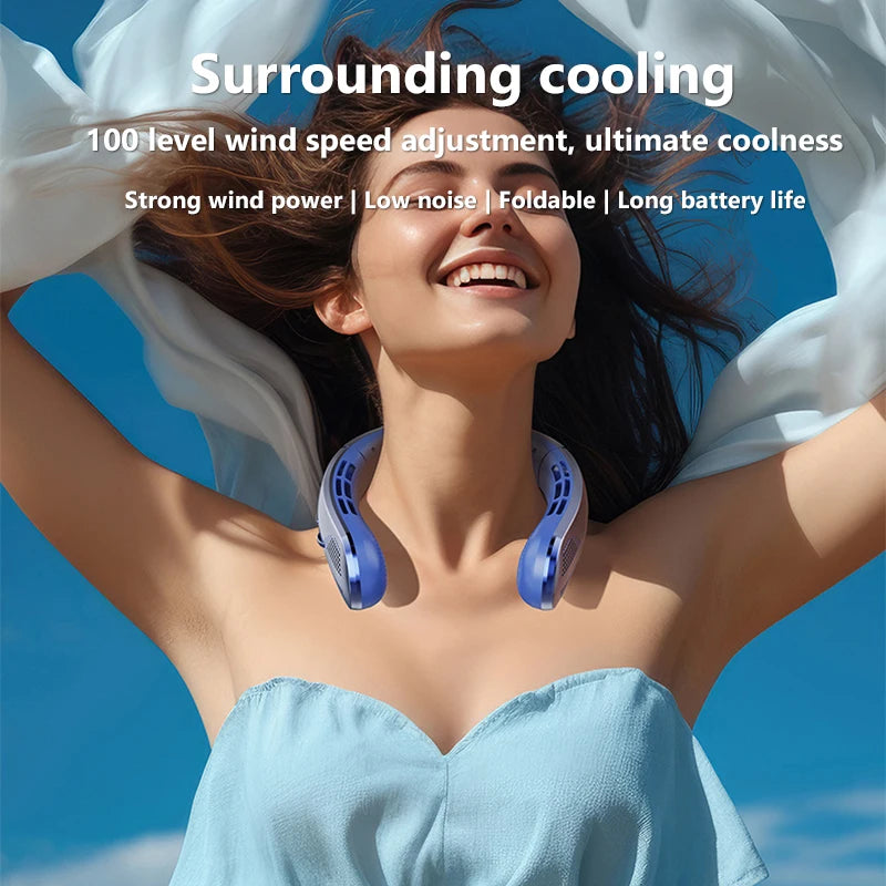 Woman wearing a cooling device with text about its features against a blue sky.