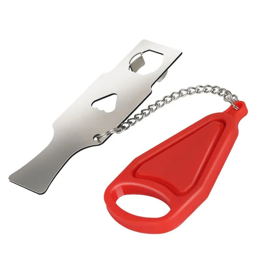 Metal bottle opener with red handle and chain on a white background