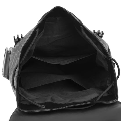 Black backpack with open front compartment on a white background