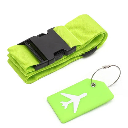 Green luggage strap with black buckle and matching luggage tag on a white background