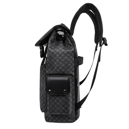 Gray backpack with a black flap on a white background