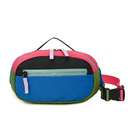 Multicolored waist bag with pink, blue, and green sections on a white background