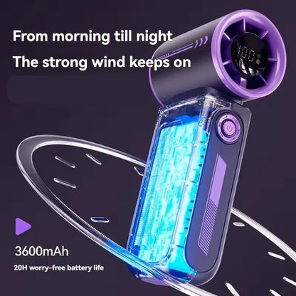 Portable hair dryer with purple accents and digital display on a dark background