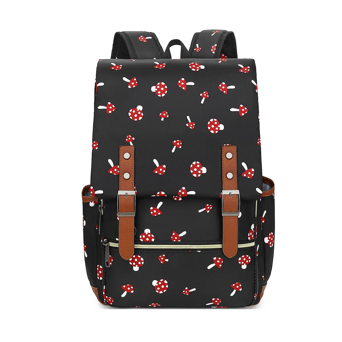 Black backpack with red and white mushroom pattern on a white background