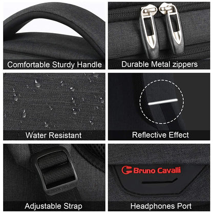 Collage of features including handle, zippers, water resistance, reflective effect, strap, and headphones port on a black bag with Bruno Cavalli branding.