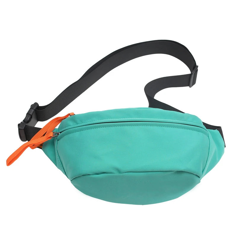Teal waist bag with black strap and orange zipper on a white background