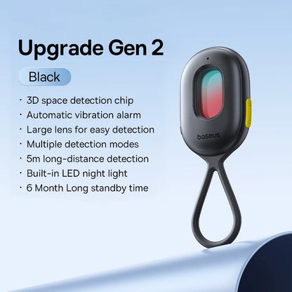 Black electronic device with features listed on a light blue background