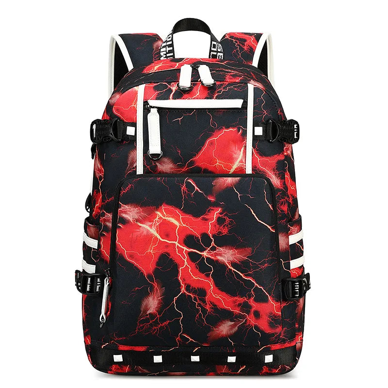 Backpack with red and black lightning pattern on a white background